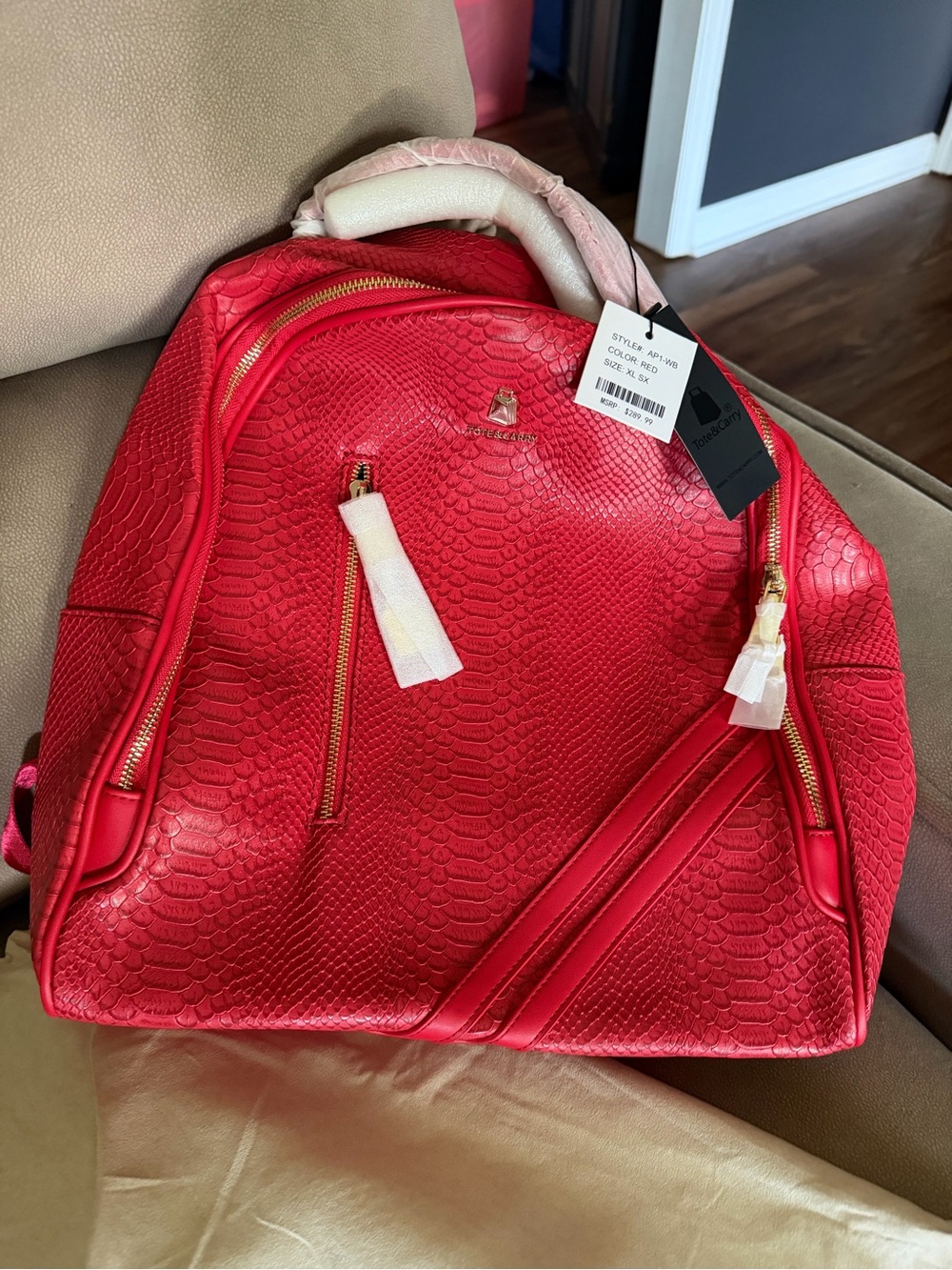 Tote&Carry brand Stylish Red Snake Skin Leather Backpack - NWT